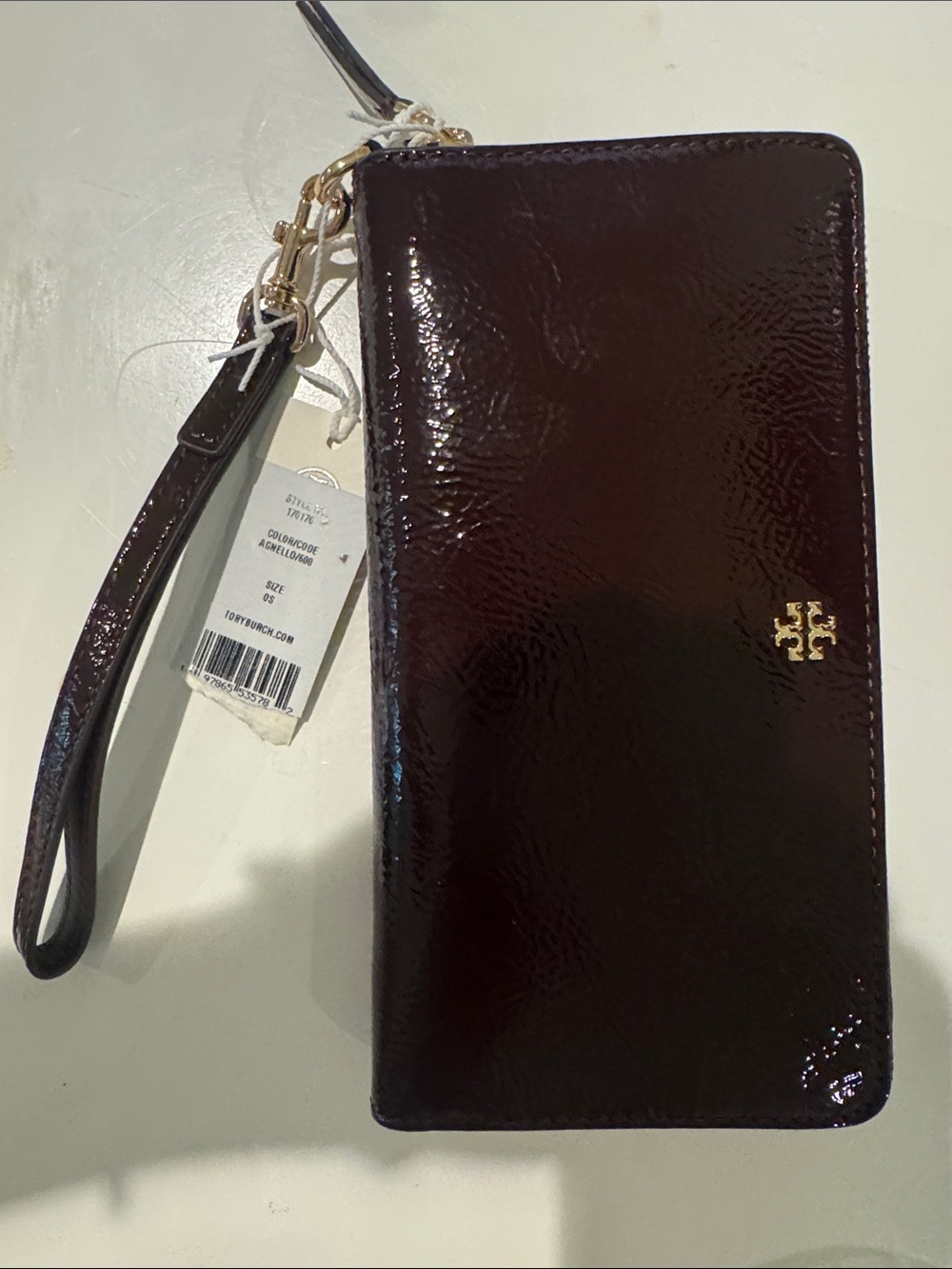 Tory Burch Patent Leather Phone Wristlet - Deep Burgundy with Gold Logo